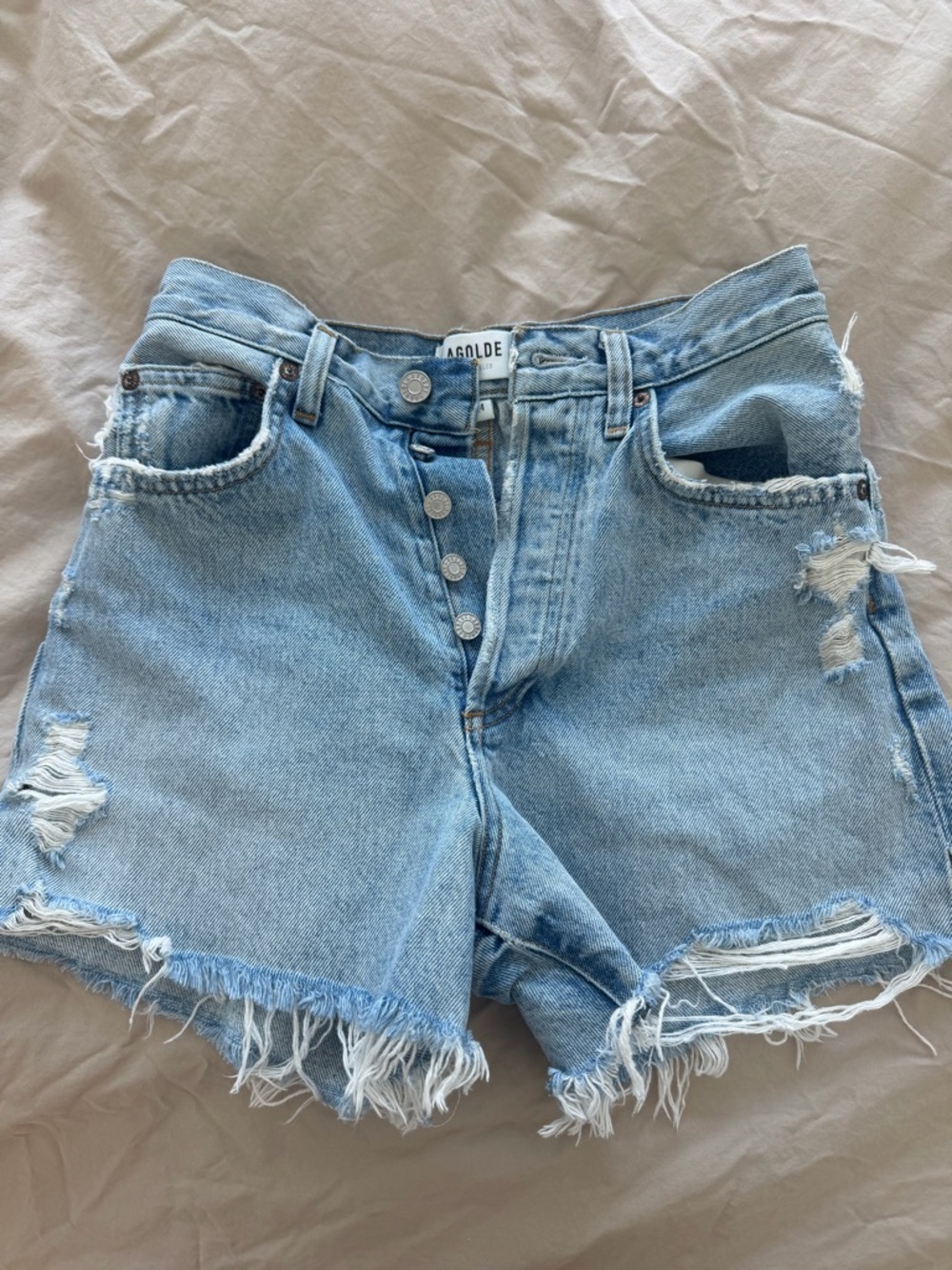 Agolde Light Wash High-Rise Distressed Denim Shorts